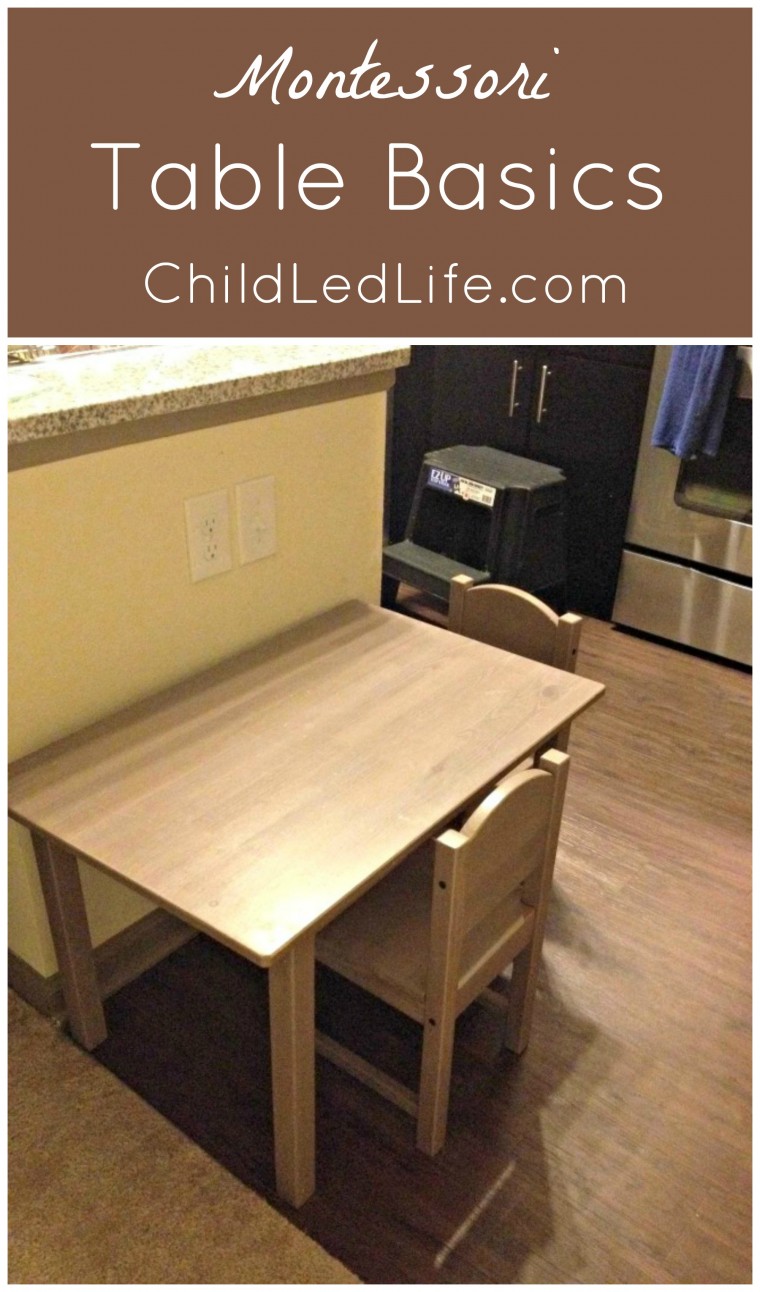 A child size table is a great way for kids to practice their Montessori kitchen still. Find more on Montessori tables and link up your favorite kids in the kitchen post on ChildLedLife.com