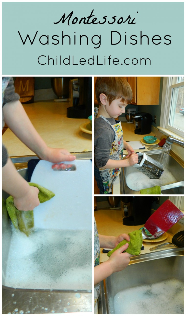 Teach the kids to wash the dishes with this Montessori lesson on ChildLedLife.com