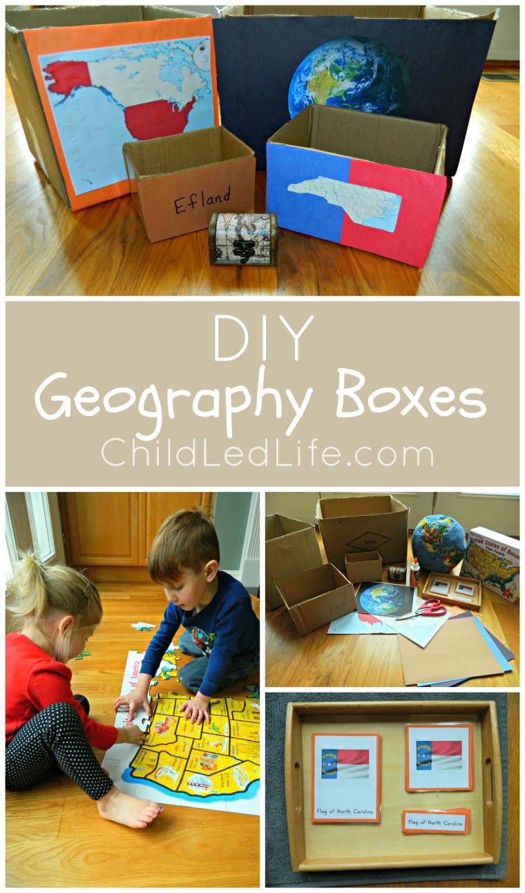 FREE to make DIY Geography Boxes! Find all the 12 Months of Montessori Learning geography posts on ChildLedLife.com