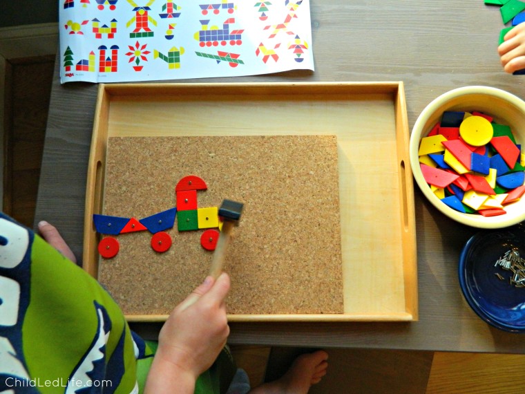 Every child loves hammering! Hammering shapes is an open ended fine motor work your child will work with for hours! Find more on ChildLedLife.com
